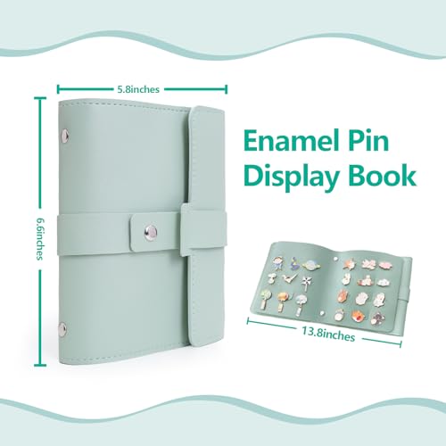 Image of Enamel Pin Display Book - 4 Page Leather Travel Organizer for Collectors, Portable Lapel Pin Holder with Secure Storage, Compact Pin Trading Book (Sage Green)