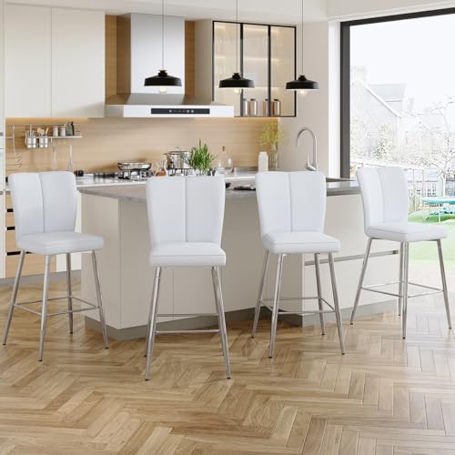 Image of Counter Height Bar Stools Set of 4,27''Kitchen Island Stools with Back,White Barstools with Sturdy Metal Legs,Modern Bar Stools Ideal for Kitchen Island Pub Cafe(Faux Leather-White)