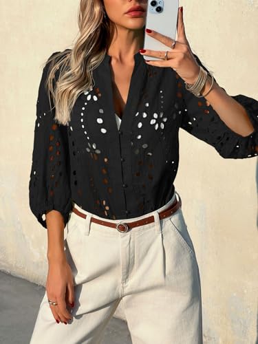 Tankaneo Womens Deep V Neck Eyelet Blouses 3/4 Balloon Sleeve Button Down Hollow Out Fall Shirts2