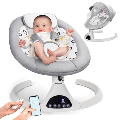 Image of Electric Baby Swing for Infants to Toddler Portable Babies Swings Timing Function 5 Swing Speeds Bluetooth Touch Screen Music Speaker with 10 Preset Lullabies 5-Point Carabiner Dark Gray