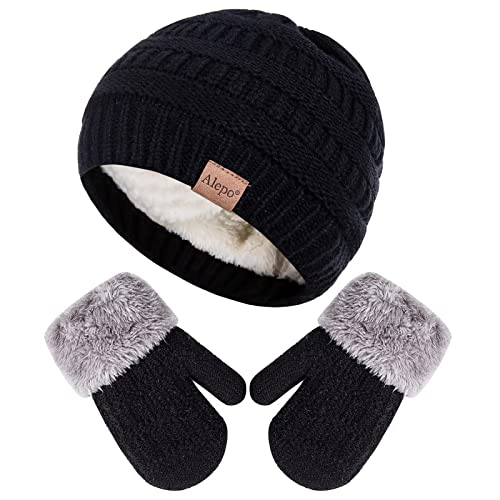 Image of Winter Mittens Gloves Beanie Hat Set for Kids Baby Toddler, Cute Thick Warm Knit Fleece Lined Thermal Set for Boys Girls