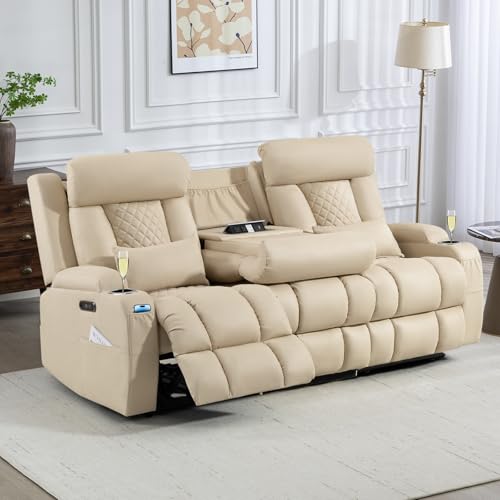 HOHYLUX Power Reclining Sofa with Adjustable Headrest, Zero Wall Hugger Reclining Couch RV Loveseat Recliner Sofa with Charge Device &Drop Down Table (Beige White, Sofa)