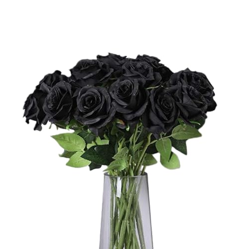 TILONKJ 12 Pièces Roses Artificielles Noires à Longue Tige,Rose en Plastique D'aspect Très Réaliste,pour Mariage Gothique,Festival de Musique,Fête...
