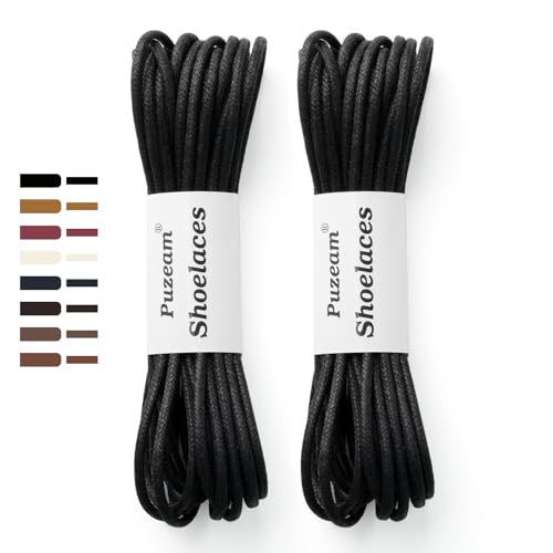 Puzeam 2 paires de Lacets Ronds Cirés de 3mm Fins pour Homme - Lacet en Cuir pour Chaussures de Ville, Chaussures Habillées et Bottines Noir 90