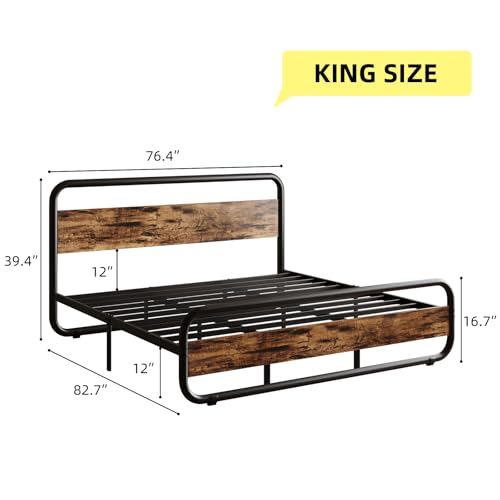 Image of King Size Bed Frame, Wood Headboard and Footboard, LED Lights, Rustic Brown