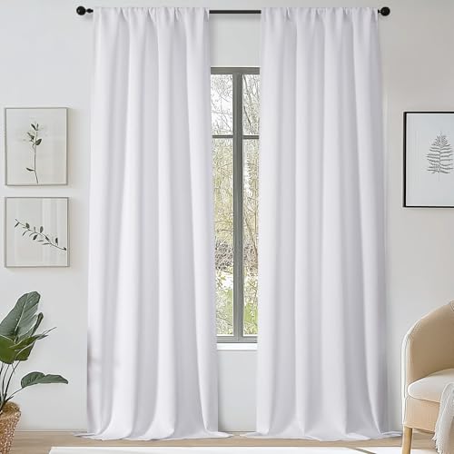 OWENIE Sally White Curtains 96 Inches Long 2 Panels Set for Bedroom Living Room Solid Soft Light Filtering Thermal Insulated Energy Saving Window Treatments Drapes W40 x L96 Inch White