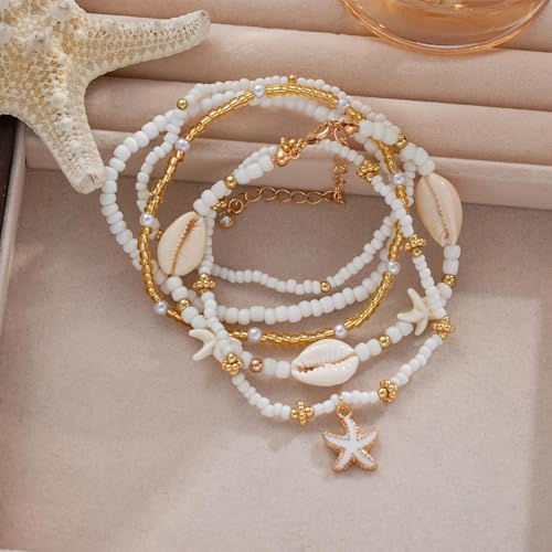 Image of Boho Shell Ankle Bracelet Set for Women, 5 Pairs 14K Boho Bead Handmade Adjustable Anklet, Hawaiian Beach Seashell Starfish Foot Jewelry Gifts