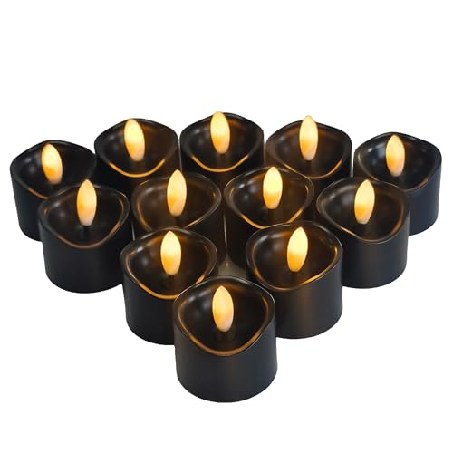 Image of CANDLE CHOICE Battery Operated Flameless Tea Lights Realistic Black Wick Bright Flickering LED Tealight Votive Candles Wedding Party Table Halloween Christmas Decorations Batteries Incl. 12 Pack Black