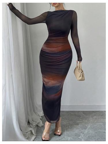 Image of Milumia Women's Tie Dye Boat Neck Long Sleeve Fall Dress Ruched Bodycon Maxi Slimming Dresses Cocktail Party