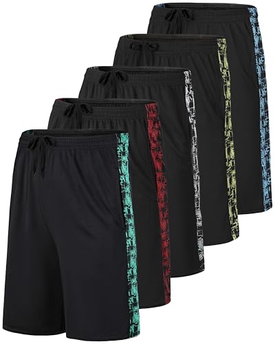 Real Essentials 5 Pack: Men's Mesh Athletic Performance Gym Shorts with Pockets (S-3X), Set Q, Large