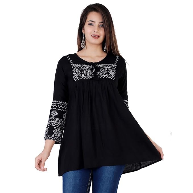Image of Avayayat Women's Rayon Classic Heavy Embroidery Top with Beautifull Tassels at Front and on Both Sleeves Regular Fit Office Wear Festival Tunic Jeans Summer