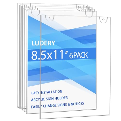 Ludery Acrylic Sign Holder 8.5 x 11 Vertical, Wall Mount Document Holder, Clear Plastic Picture Frame with Tape Adhesive and Screws for Office, Home, Store, Restaurant - 6 Pack