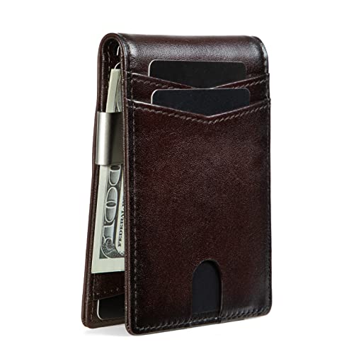 Real Leather Slim Wallet for Men RFID Blocking Front Pocket Bifold Wallet Minimalist Credit Card Holder with Gift Box (Brown)