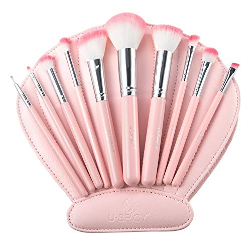 Makeup Brushes, USpicy Professional 10 Pieces Makeup Brush Set with Seashell Shaped PU Leather Case (Soft Synthetic Fiber for Uniform Application of Blush, Creams, Liquids, Contouring & Powders)-Pink