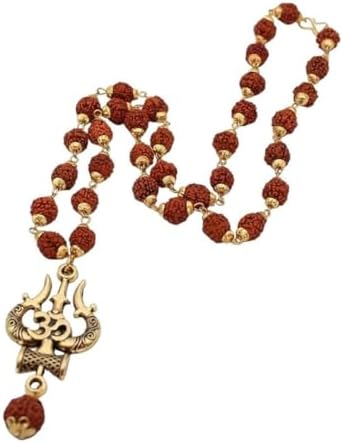 Om Trishul Damru Rudraksha Mala For Unisex Adult - Gold Plated Brass - Original Rudraksha - Spiritual Mala