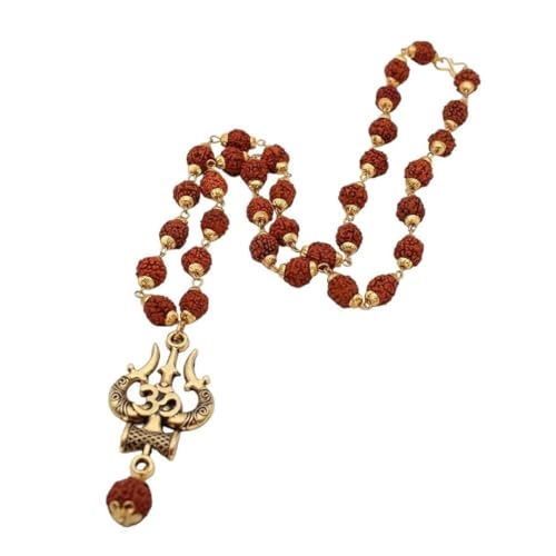 Om Trishul Damru Rudraksha Mala For Unisex Adult - Gold Plated Brass - Original Rudraksha - Spiritual Mala