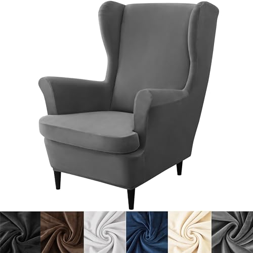 HFCNMY Wingback Chair Covers, 2 Piece Stretch Velvet Wingback Chair Slipcover-Thick Wing Back Chair Covers with Arms-Wing Chair Slipcover-Wing Back Chair Slipcovers with Elastic Bottom Dark Gray