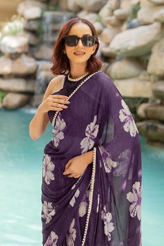 Image of MIRCHI FASHION Women Saree Floral Print Chiffon | Lightweight Festive Occasion Sari for Farewell and Functions with Unstitched Blouse Piece