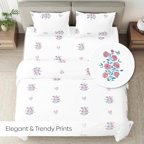 Image of Haus & Kinder Elastic Fitted Double Bed Bedsheet | 100% Combed Cotton 186 TC Bedsheets for Queen Size Bed | 60 X 78 X 10 Inches Elastic Bed Sheet with 2 Pillow Covers - Festive Harmony