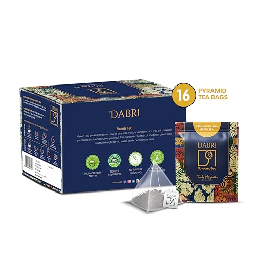 Image of Dabri Kashmiri Kahwa Green Tea 16 Pyramid Dip Tea Bags|Natural Ingredients & Original Flavour of kesar|Blended with Saffron, Almonds, Spices|Fastens Metabolism, Improves Digestion & Blood Circulation