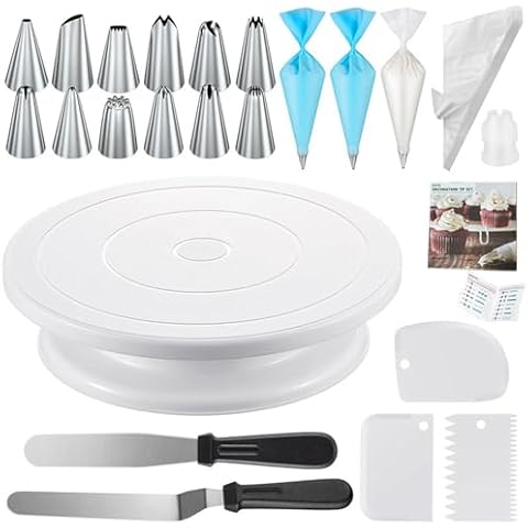 71PCs Cake Decorating Supplies Kit with Cake Turntable, 50+2 Piping Bags, 12 Numbered Icing Piping Tips, 3 Icing Comb Scraper, 2 Spatulas, and 1 Coupler for Baking Cover