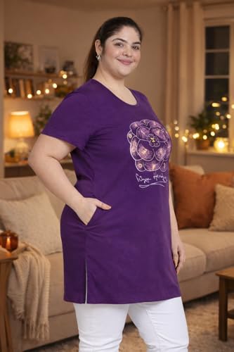 Image of RYSH Women's Printed Cotton Plus Size Longline T-Shirt with Pockets | Cotton fabric - soft longline T-shirt with easy plus-size fit