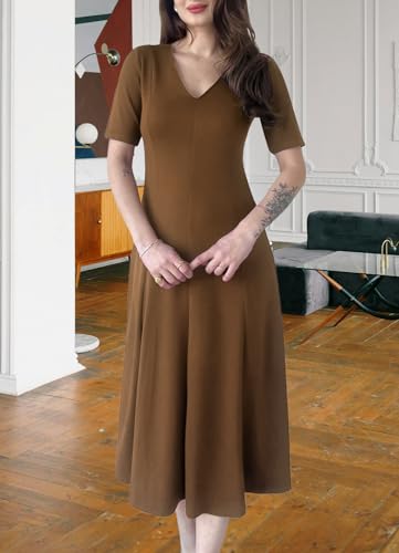FairBeauty Women’s Elegant V-Neck Midi Dress Short Sleeve Fit and Flare A-Line Business Work Dresses2