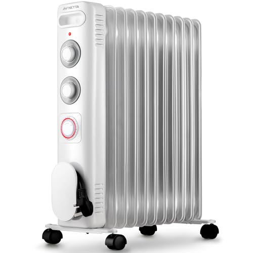 NETTA Electric Oil Filled Radiator 2500W, Portable Heater with Thermostat & 24 Hour Timer, 3 Power Settings, 11 Fin - White