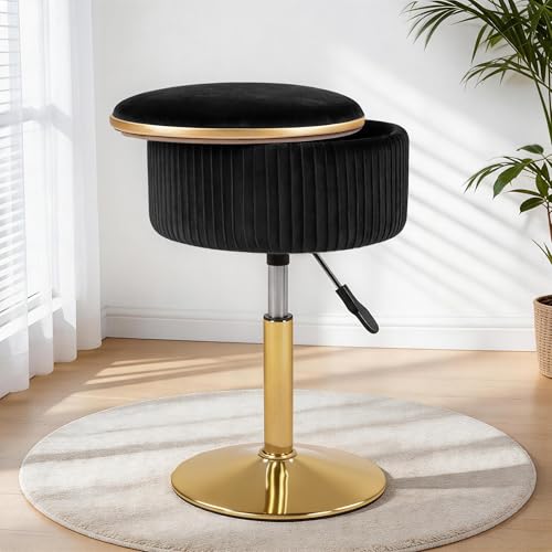LITZFUR Adjustable Vanity Stool with Storage, 360° Swivel Vanity Chair, Velvet Small Round Ottoman Footrest for Bathroom, Makeup Room, Black
