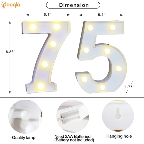 Image of Pooqla 75th Birthday Decoration for Women Men, Decorative Marquee Numbers with Remote, Light Up 75 Sign for Party Backdrop 75th Wedding Anniversary Decor, Warm White and Cool White Number 75