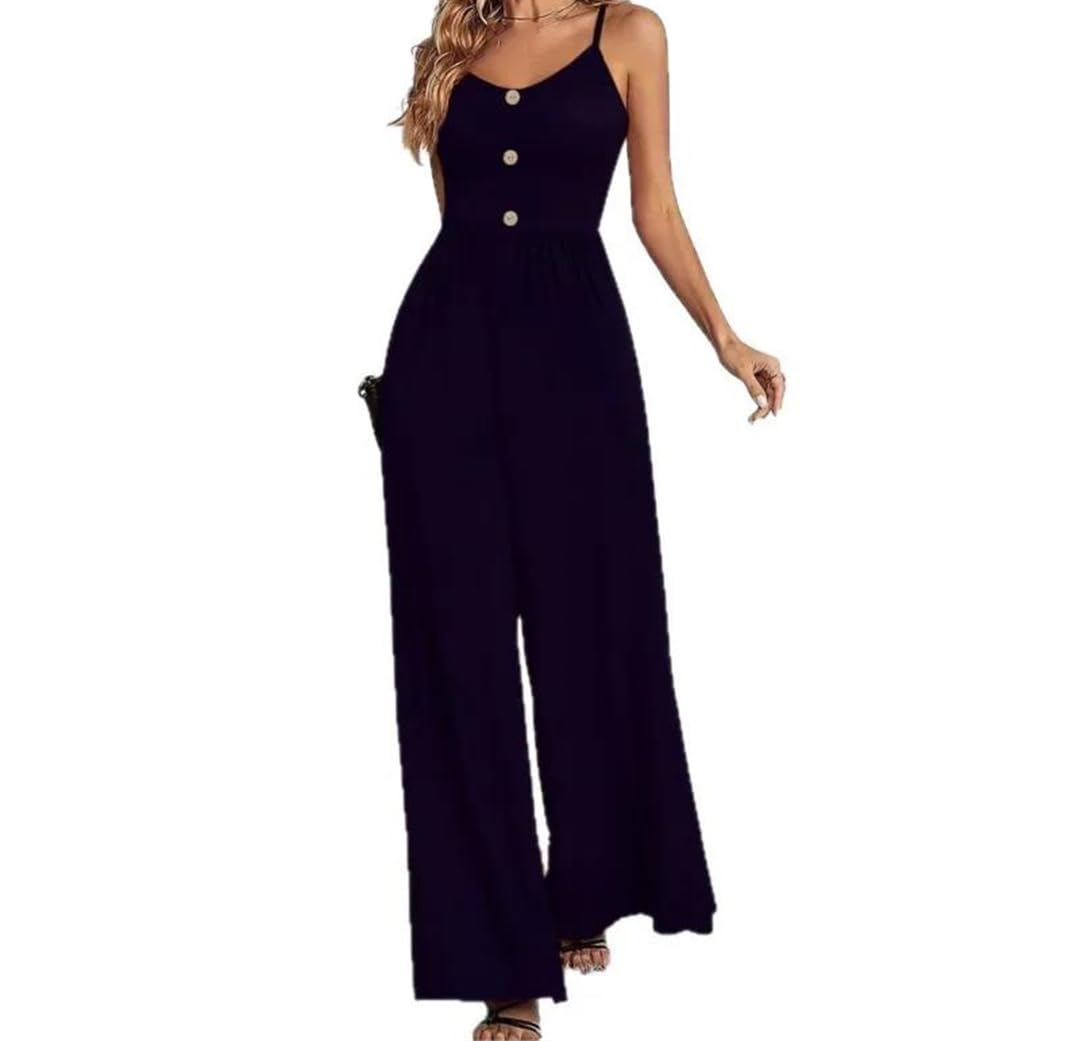 Yeuyyben Enterizo sin mangas con tirantes y pierna ancha para mujer, con botones, casual, cintura alta, ajuste holgado