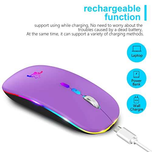 Hotlife Led Wireless Mouse, Slim Rechargeable Wireless Bluetooth Mouse, 2.4G Portable Usb Optical Wireless Computer Mice With Usb Receiver And Type C Adapter (Purple) #TOP5
