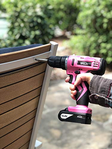 APOLLO TOOLS Powerful Lightweight Pink Cordless Drill, Lithium Ion Battery with 30-Piece Accessory Drill Bit Set - Pink Ribbon - DT4937P