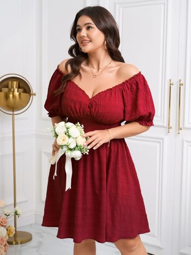 Image of SCOMCHIC Womens Plus Size Summer Dresses Casual Sun Dress Sweetheart V Neck Puff Short Sleeve Smocked A Line Mini Dress