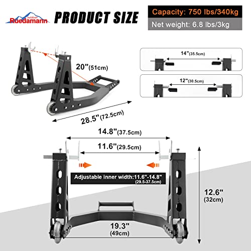 Ruedamann 750 Lbs Capacity Motorcycle Stand,Adjustable 11.6"-14.8"W Rear Motorcycle Lift Stand,Equipped With Front Brackets,Motorcycle Paddock Stand For Sport Bike,Dirt Bike,Ruggedized, Black #TOP2