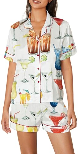 Image of Yiulangde Silk Espresso Martini Pajamas for Women Satin 2 Piece Bow Preppy Pjs Cute Short Sleeve Shirt Matching Pj Shorts Set