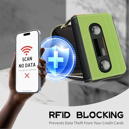 Image of Cute Credit Card Holder with Zipper, Green Tape Cassette RFID-Blocking Card Case Small Wallet for Women Men, Multi-slot Card Organizer Case Travel Accordion Wallet