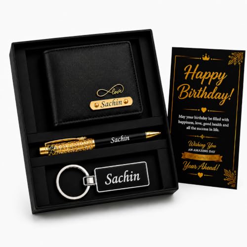ROYAL JACK Personalized Wallet for Men with Name & Charm | PU Leather Wallet, Pen & Keychain Combo Gift Set for Men | Birthday Anniversary Corporate Gift for Husband Boyfriend Father (Dark Black)