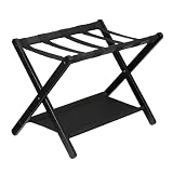 Virimolo Bambus Gepäckablage Schwarz Einzeln, Faltbarer Kofferständer mit Stoffablage Schlafzimmer, Klappbarer Gepäckträger mit Ablagefach, Gepäckständer 67x47x51cm 2,8kg