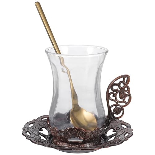 COOLHIYA Juego de Tazas de Café con Líneas Elegantes con Platillo y Cuchara, Diseño Vintage de Vidrio Resistente al Calor para Servir Té o Café en Casa