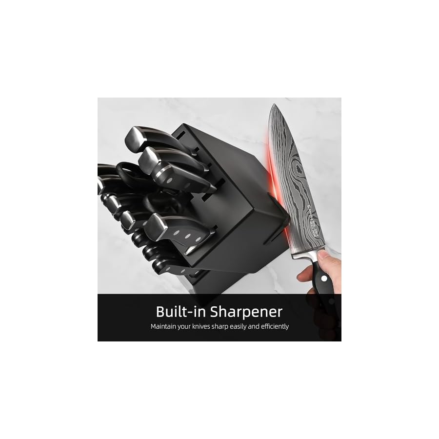 Knife Set, Emojoy 18-Piece Knife Sets for Kitchen with Block, Stainless Steel Kitchen Knives with Built-in Sharpener, Kitchen Shears and Carving Fork, Black