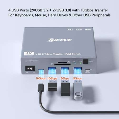 Image of Thunderbolt 4 KVM Switch 3 Monitors 2 Laptops USB C 4K@60Hz,USB C KVM Switch Displaylink Docking Station for Windows Mac M1-M5, Extended Triple Displays,PD 100W,USB 3.0,USB 3.2,SD /TF,1G Ethernet