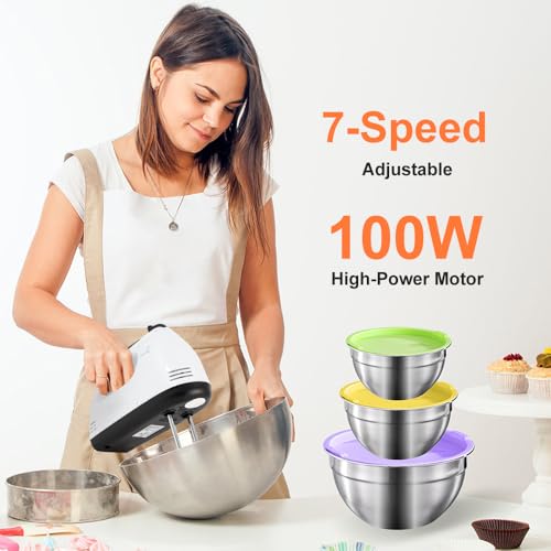 Image of 7-Speed Electric Hand Mixer,5 Large Mixing Bowls Set,Handheld Mixers with Whisks Beater,Stainless Steel Metal Nesting Bowl Measuring Cups Spoons Kitchen Cake Blender for Prep Baking Supplies