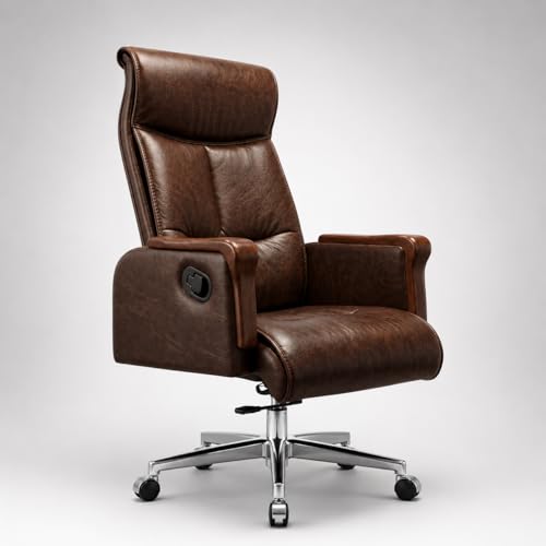 Image of LAKDI Furniture Luxury Executive Office Chair, Premium Brown Leather Ergonomic High Back Recliner Swivel Chair for Office /Home Cabin with Chrome Base | 5 Year Warranty | Free Assembly