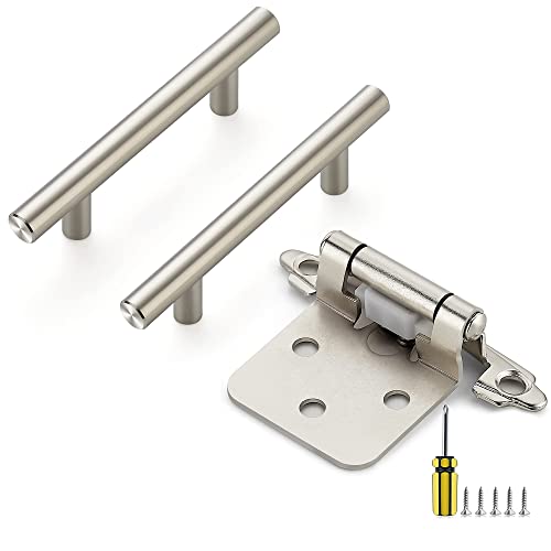 Ravinte 30 Pack 5" Brushed Nickel Kitchen Cabinet Pulls & 50 Pack 25 Pairs 1/2 Inch Overlay Satin Nickel Semi-Concealed Cabinet Door Hinges With Door Bumpers, Screwdriver #TOP18