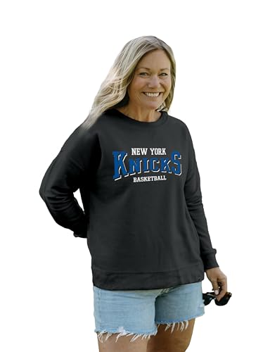 Blue 84 New York Knicks NBA Officially Licensed Women's Crewneck Sweatshirt Reverse Terry Embroidered, Medium Black