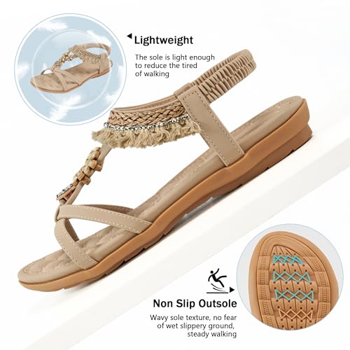 Image of Aomigoct Womens Sandals Comfortable Dressy: Summer Casual Flat Sandal for Walking - 2026 Cute Bohemian Shoes Elastic Ankle Strap