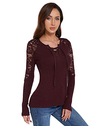Image of AmelieBoutik Women Floral Lace Inset Lace Up Ribbed Long Sleeve Knit Top