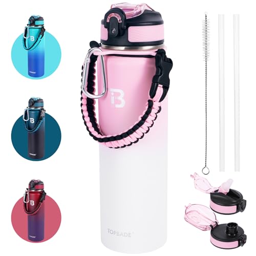 TOPBADE - Botella de agua deportiva de acero inoxidable con aislamiento térmico y 2 tapas (pajita y boquilla), asa de paracord, unisex para gimnasio, fitness, aire libre, rosa y blanco, 946 ml