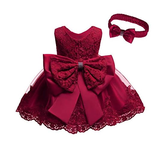 IBTOM CASTLE Baby flicka klänning prinsessa blomma broderad spetsklänning ärmlös rosett tutu tyll dop klänningar aftonfest brudtärna bröllop fest dop födelsedag balklänning med pannband, Mörkröd, 3-6 månader